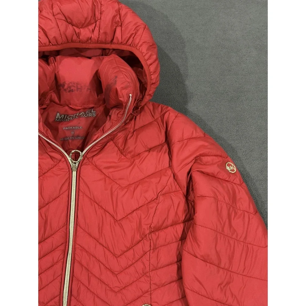 Michael Kors Packable Puffer Jacket Womens Small Red Lined Down Hooded Full Zip